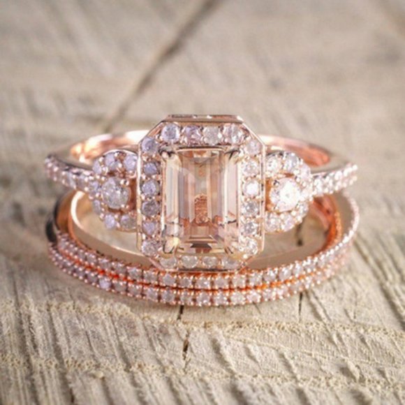 *NEW Rose Gold Diamond Halo Morganite 3PC Ring Set - Picture 3 of 4